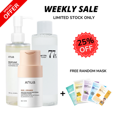 WEEKLY FLASH DEALS Anua Heartleaf 77% Soothing Toner + Anua Rice Enzyme Brightening Cleansing Powder + Anua Heartleaf pore control cleansing oil