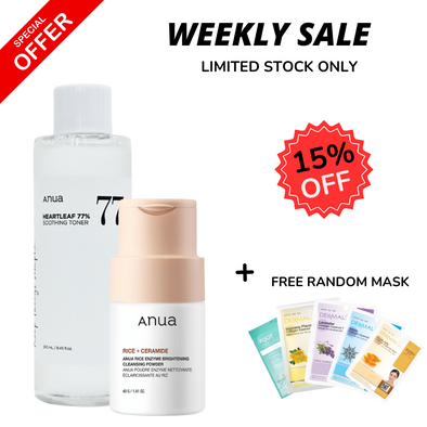 WEEKLY FLASH DEALS Anua Heartleaf 77% Soothing Toner + Anua Rice Enzyme Brightening Cleansing Powder