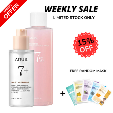 WEEKLY FLASH DEALS Anua Rice 7 Ceramide Hydrating Barrier System + Anua Peach 77% Niacin Essence Toner