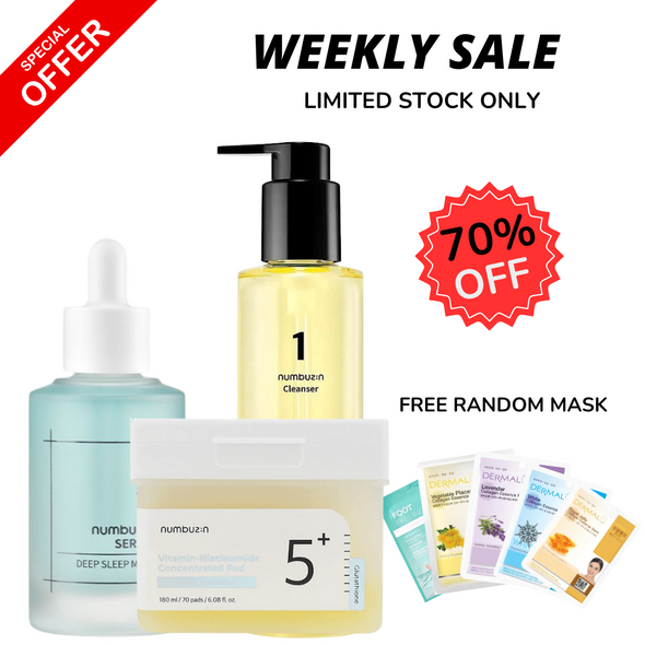 WEEKLY FLASH DEALS Numbuzin vitamin niacinamide pad 70 pads + No.1 Easy Peasy Cleansing Oil +  No.6 Deep Sleep Mask Serum