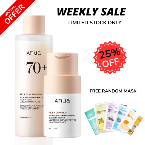 WEEKLY FLASH DEALS ANUA Rice 70 Glow Milky Toner + Enzyme Brightening Cleansing Powder