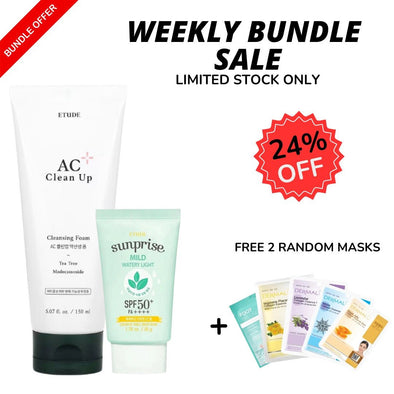 WEEKLY BUNDLE SALE! ETUDE AC Clean up Cleansing Foam and Etude Mild Watery Light SPF 50 PA++++Cleansing Foam + Sun CreamGlam Secret