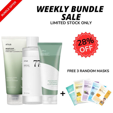 WEEKLY FLASH SALE! ANUA Heartleaf Moisture Cleansing Foam, Heartleaf 77% Soothing Toner, ISNTREE Real Mugwort Clay mask SetsetGlam Secret