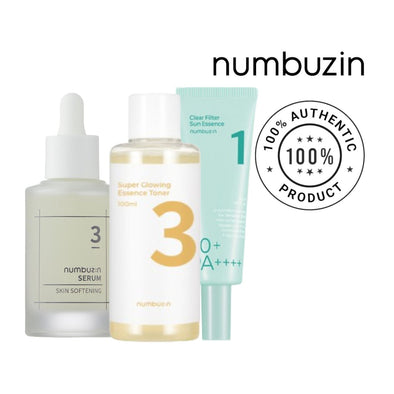 NUMBUZIN Super Glowing Essence Toner, Skin Softening Serum & Clear Filter Sunblock Settoner +Serum + SunblockGlam Secret